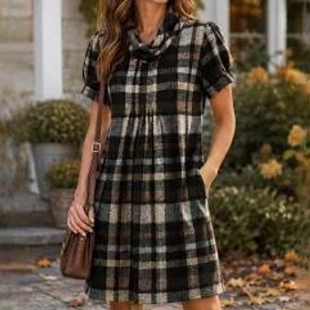 JH Plaid Cowl Neck Short Sleeve Tunic Dress Women's L Green